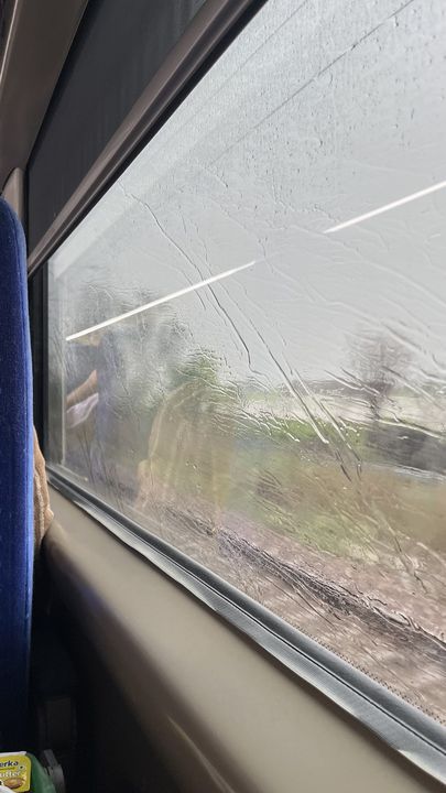 A rain-streaked window with green fields rushing past
