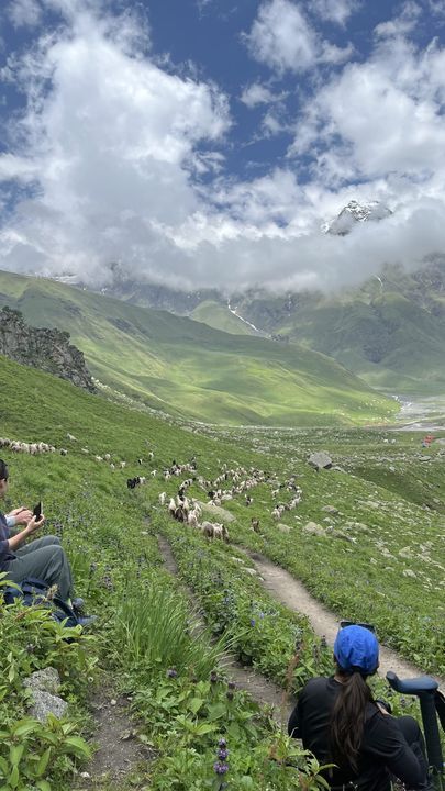 Trekkers on a trail through a wide green valley