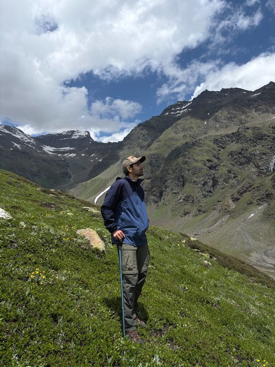A trekker with a pole on a flowery slope, looking up at the peaks