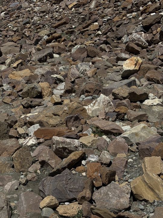 Close view of red, grey and ochre scree stones