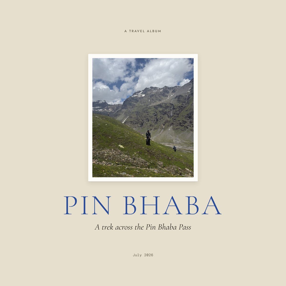 Pin Bhaba, front cover: a trekker crossing a meadow below the peaks