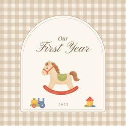 Cover of Our first year: a watercolour rocking horse in an arched frame on beige gingham