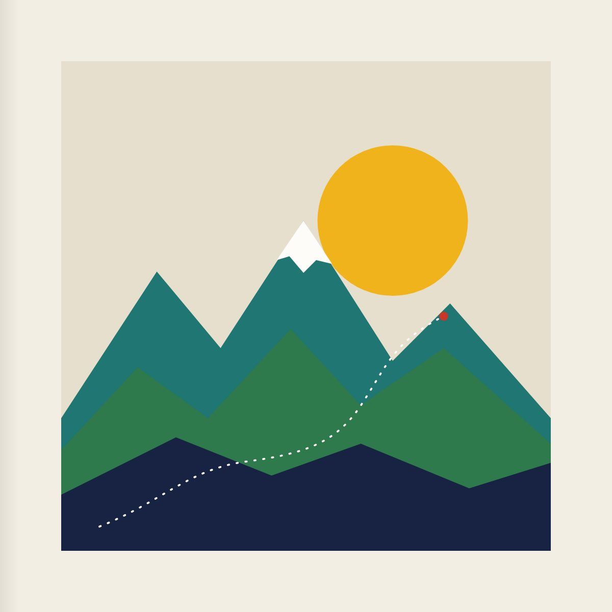 A mountain graphic with a dotted route to the pass, page 4