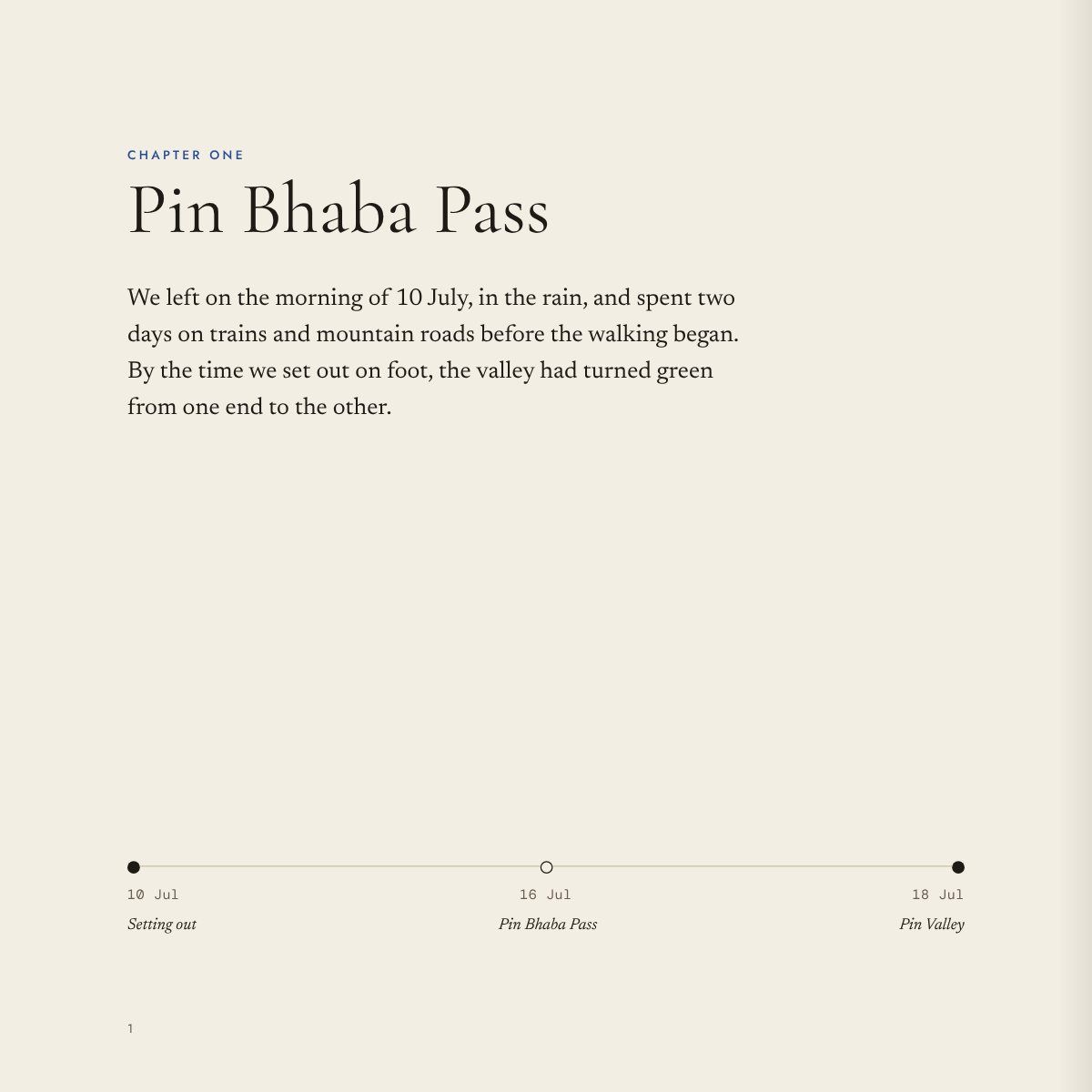 Chapter one: Pin Bhaba Pass, with a route line from 10 to 18 July, page 5