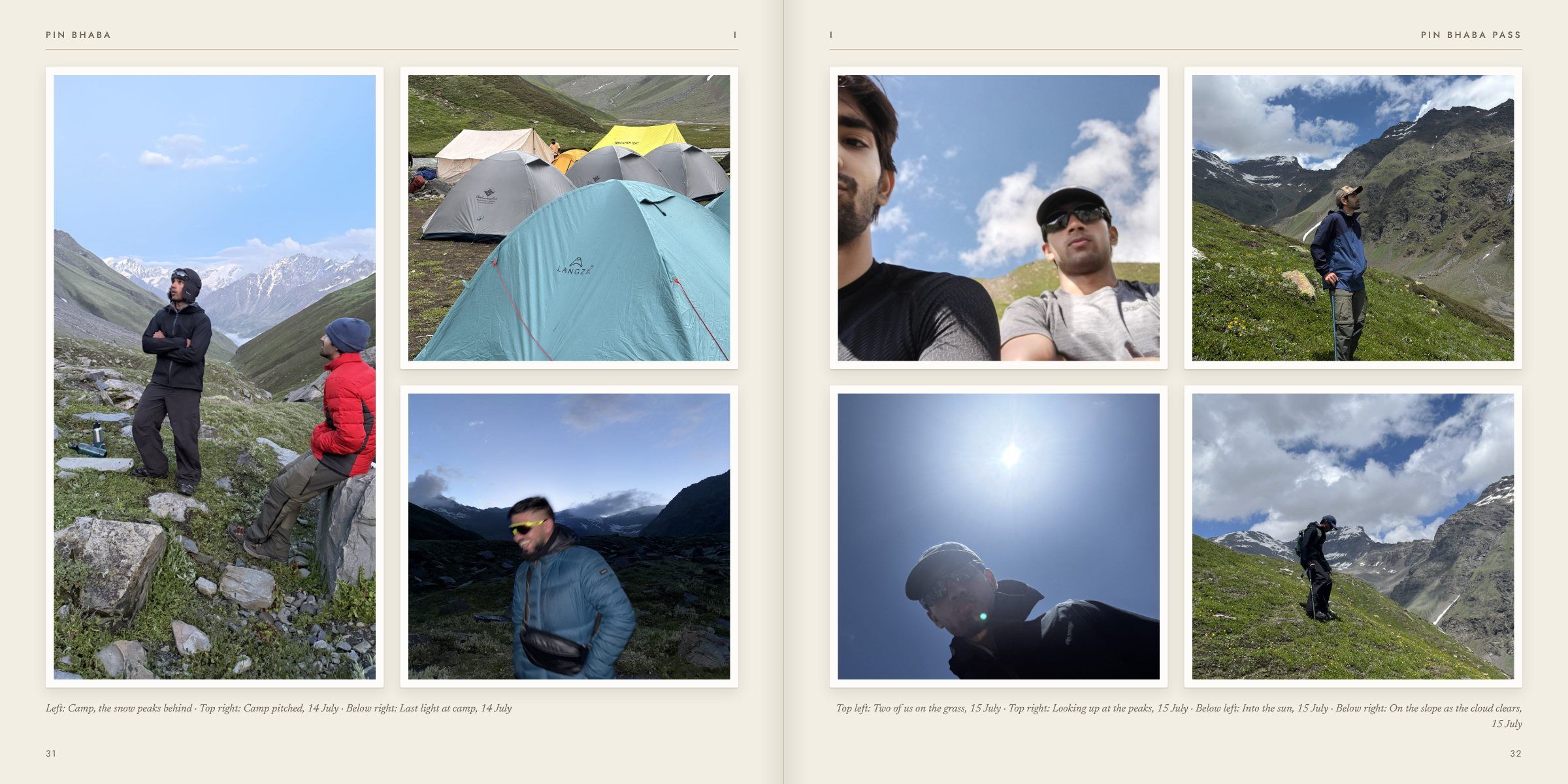 Designed spread, pages 35–36: photographs from 14 – 15 July